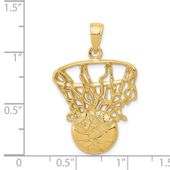 14k Yellow Gold Genuine Sports Swoosh Basketball and Net Necklace Charm Pendant - Picture 5 of 5